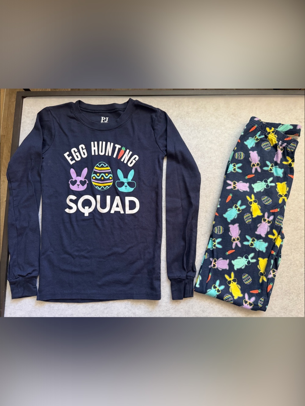 Children’s Place PJs. Kids "Egg Hunting Squad" Navy Easter Pajama Set size 12.